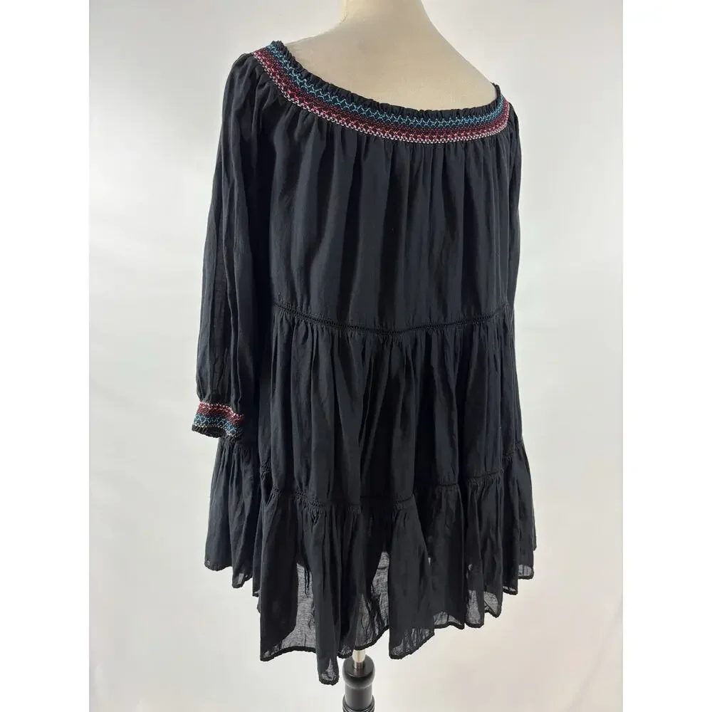 Free People Sunbeams Off Shoulder Mini Dress Black Small Embroidered Ruffled